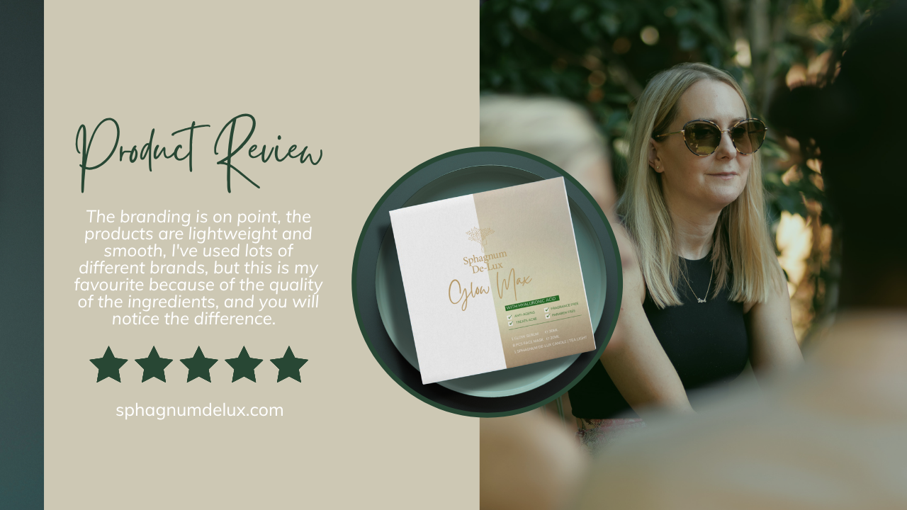 A product review graphic featuring a close-up of a stationery card on a dark plate, with a blurred woman in sunglasses in the background and text on the left reading 'Product Review' and 'sphagnumdelux.com'.