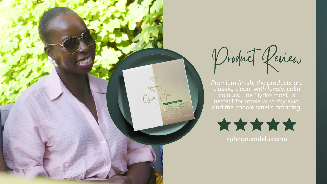 A promotional product review graphic featuring a woman in sunglasses and a pink shirt beside a circular inset showing a cream-colored product box on a dark plate. The right side includes the text 'Product Review' and a five-star rating with the website sphagnumdelux.