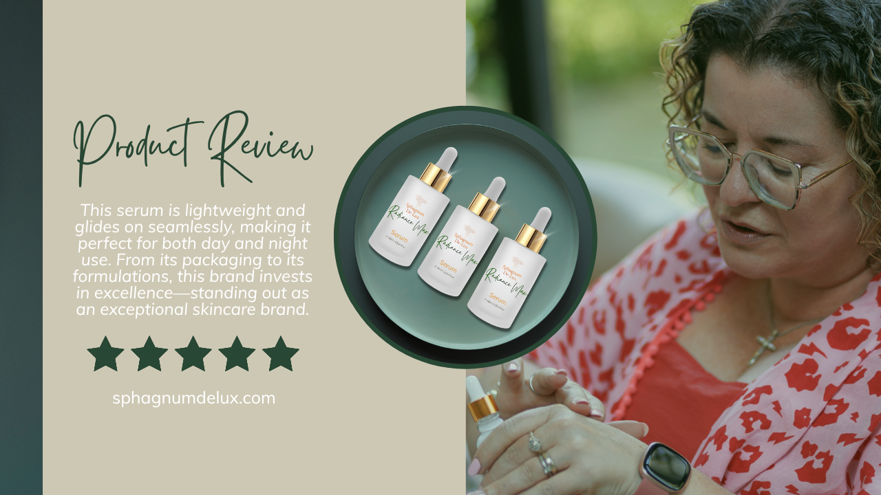 Product review graphic featuring three small white serum bottles with gold droppers on a dark oval tray, alongside a woman in a pink floral top holding one bottle. Text on the left reads 'Product Review' with a review excerpt and five-star rating.